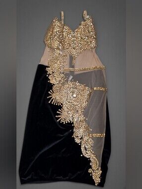 Angel Brinks Gold Rhinestone Black Velvet & Nude Mesh Dress 2020
